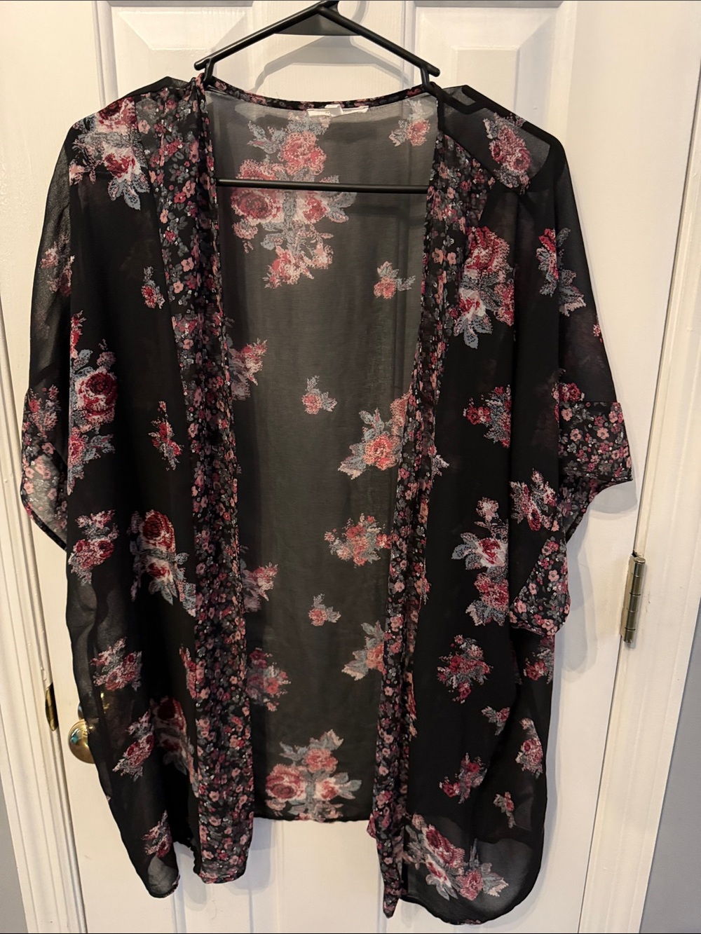 Maurices Black Sheer Floral Kimono with Pink Rose Accents